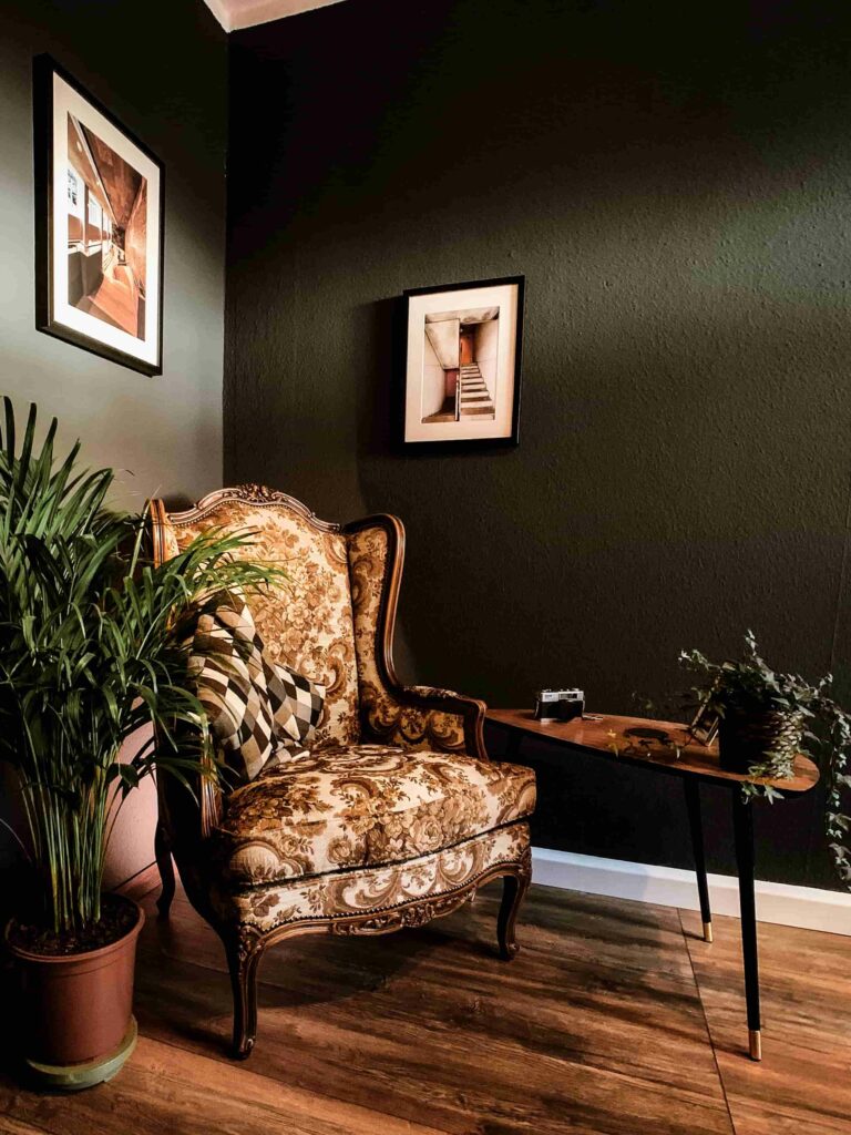 black wall with vintage chair and plants