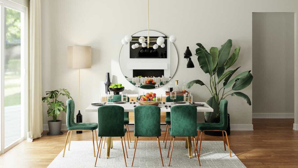 dining room with emerald green chairs