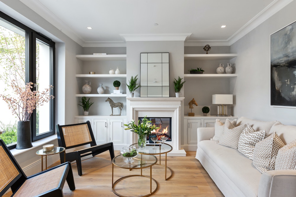 living room with black windows